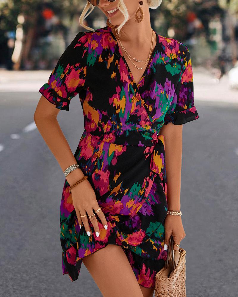 Tie Dye Print Ruffle Hem Wrap Dress