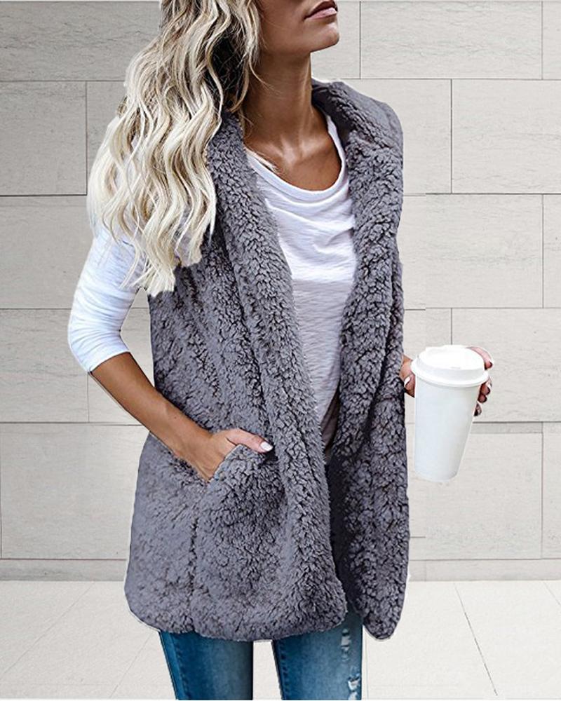 

Pocket Detail Fluffy Fleece Hooded Teddy Vest Coat, Gray