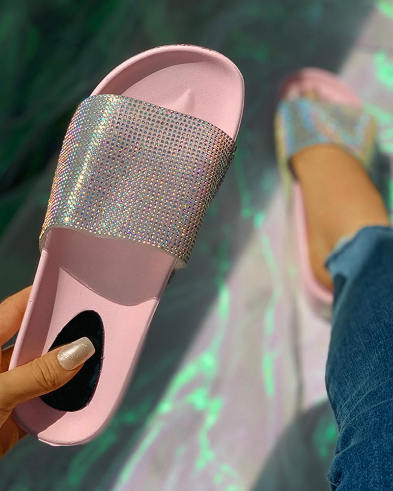 

Rhinestone Peep Toe Flatform Heeled Sandals, Pink