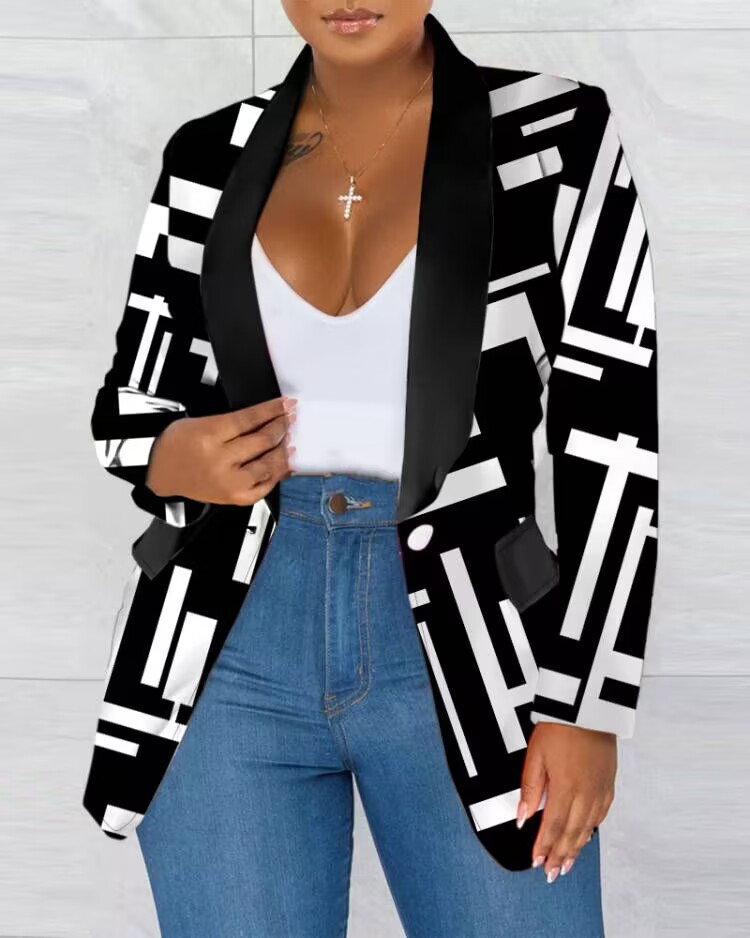 

Plus Size Geometric Print Shawl Collar Blazer Coat, White