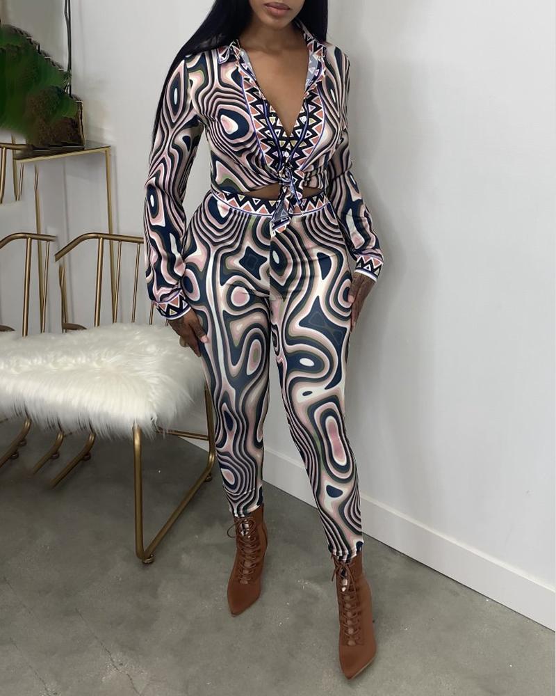 

Abstract Print Tie Front Top & Skinny Pants Set, Coffee