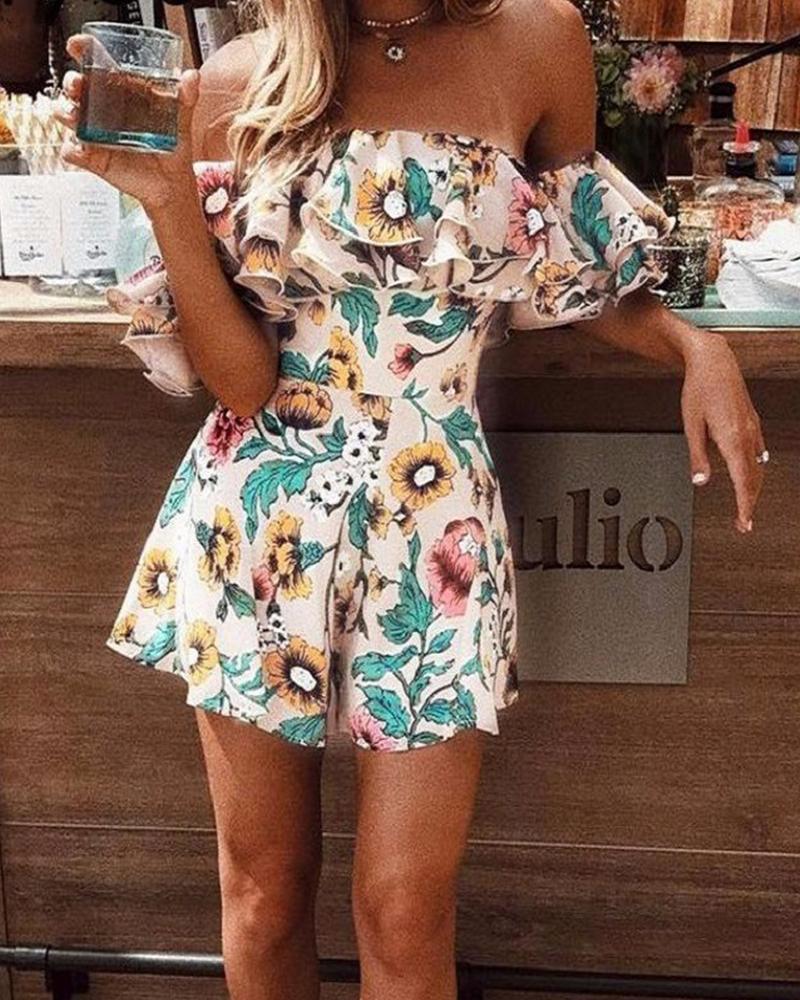

One Off Shoulder Floral Print Off Shoulder Romper, Green