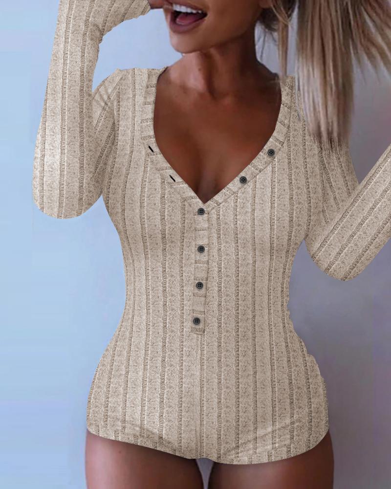 

V-Neck Long Sleeve Buttoned Ribbed Onesie Romper, Apricot