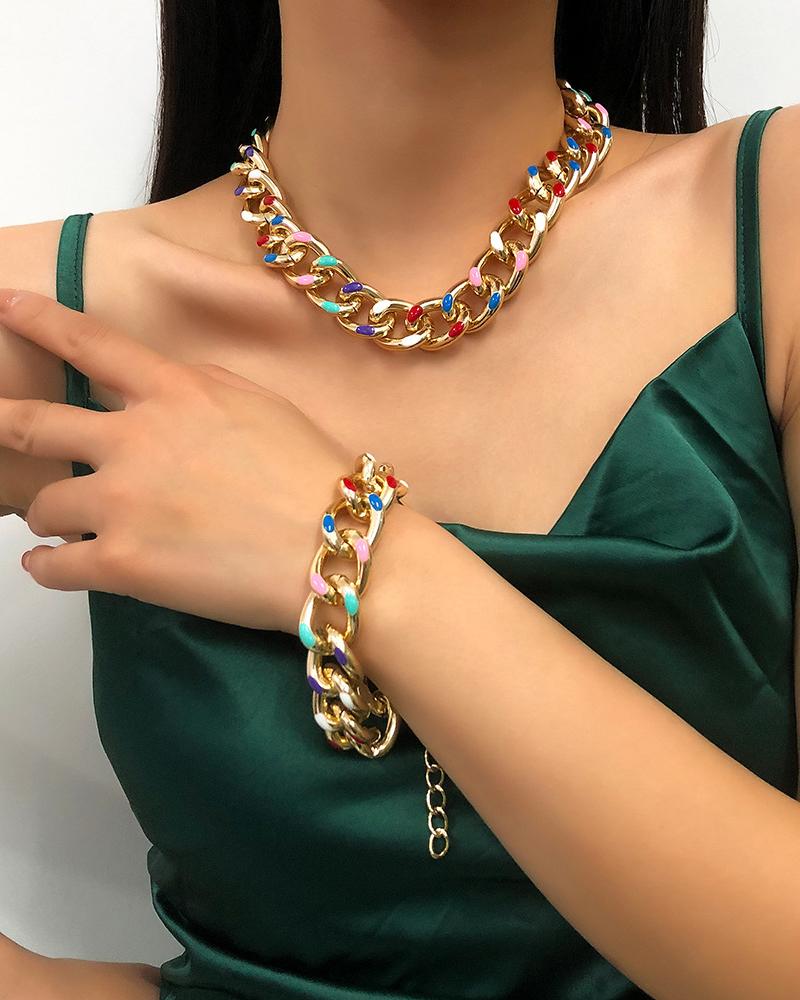 

2PCS Colorful Link Chain Necklace & Bracelet Set, Gold