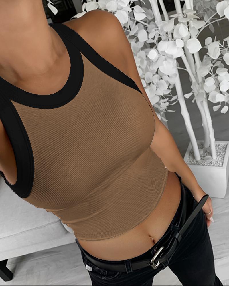 

Colorblock Crop Tank Tops Summer Sleeveless Basic Cami Top Shirt Slim Knit Ribbed Racerback Blouses, Brown