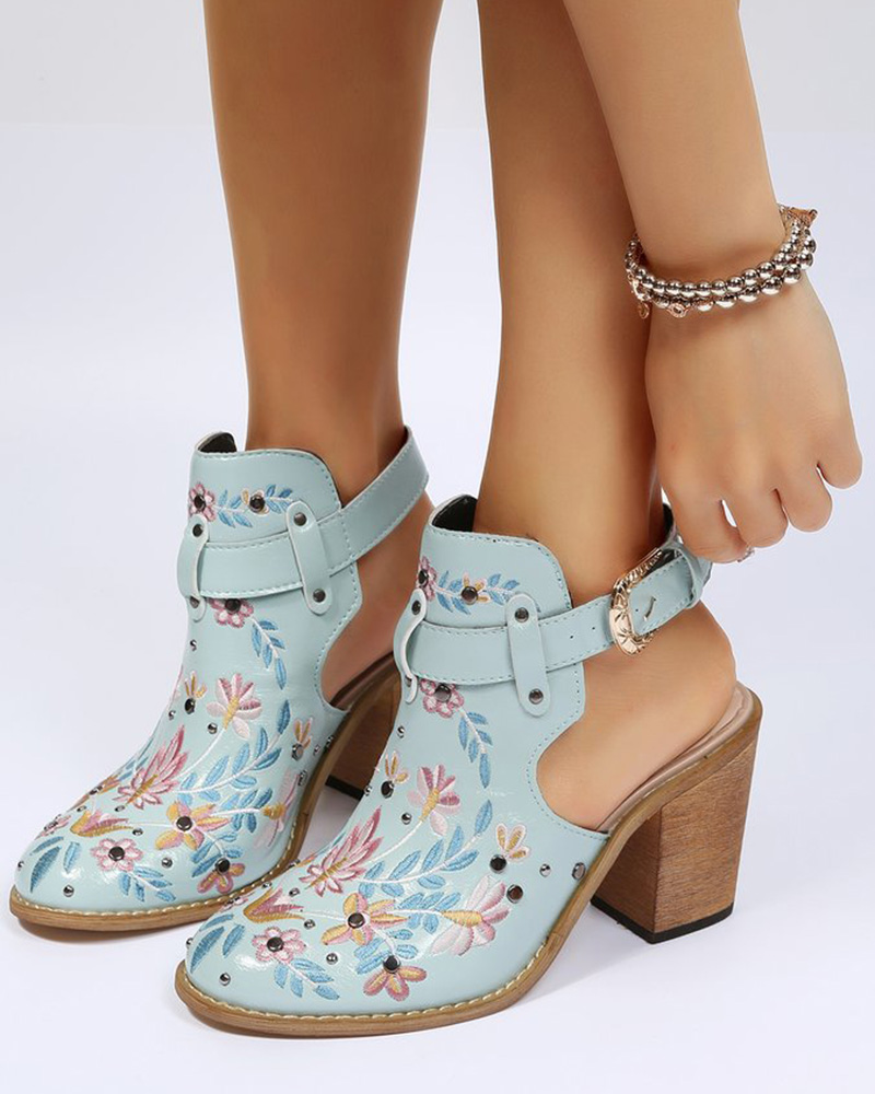 

Floral Embroidery Studded Slingback Buckled Boots, Blue