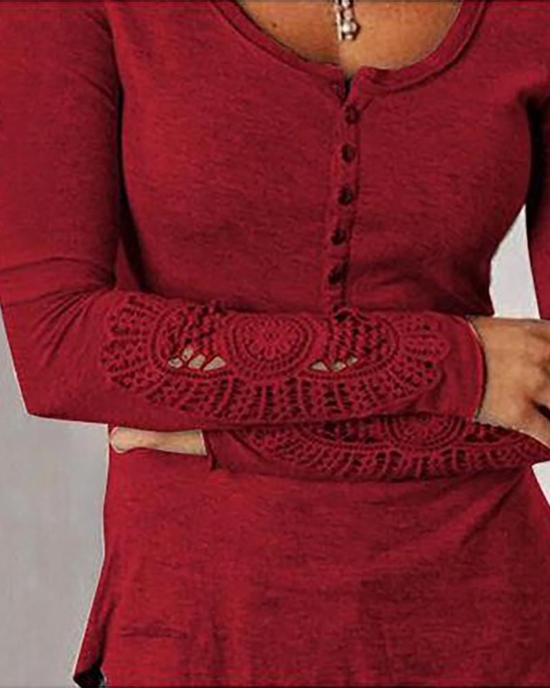 

Round Neck Lace Insert Buttoned Blouse, Wine red