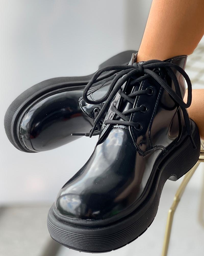 

Eyelet Lace-up Flatform Boots, Black