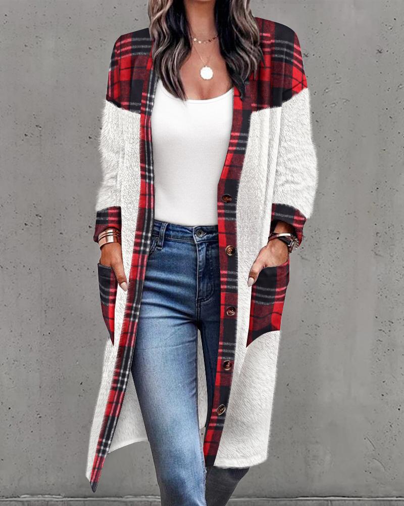 

Contrast Plaid Button Front Fluffy Longline Coat, Red