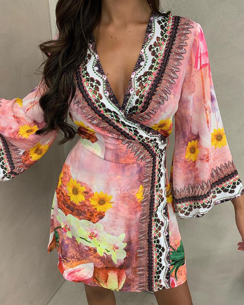 Floral Print Surplice Neck Bell Sleeve Self Tie Dress