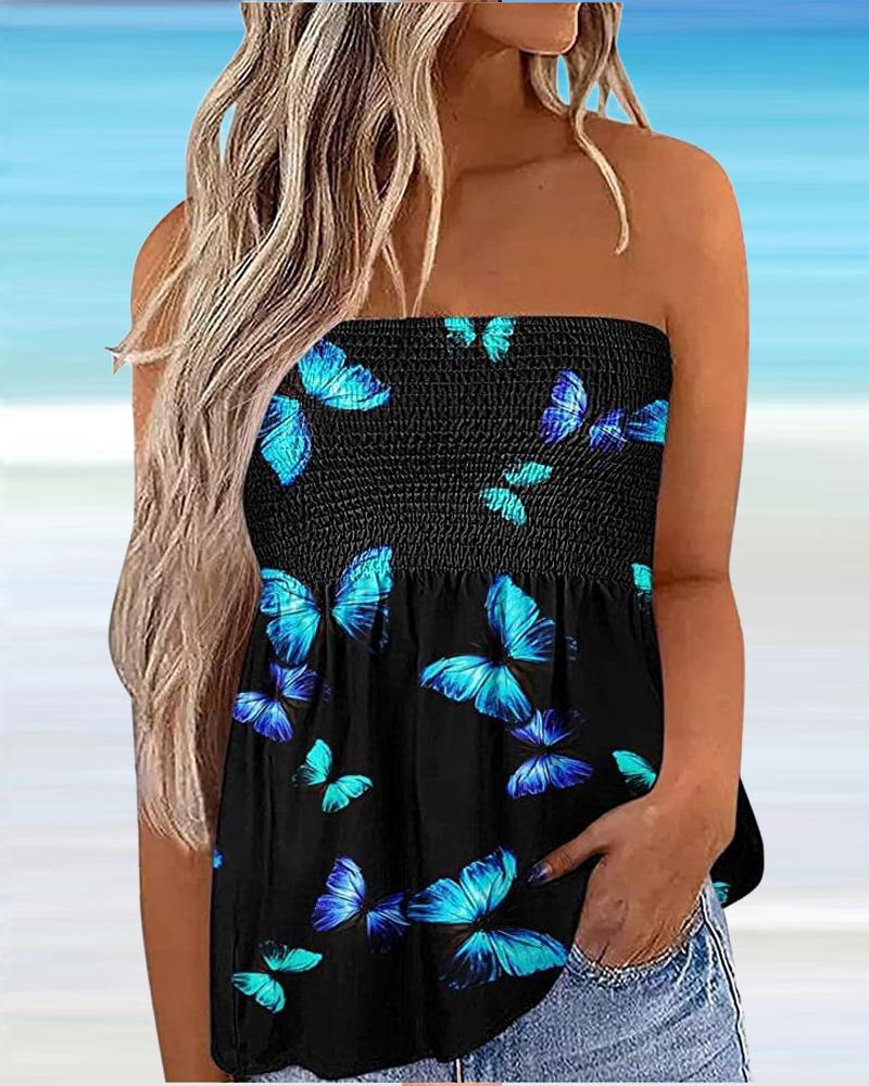 

Butterfly Print Shirred Tube Top, Black