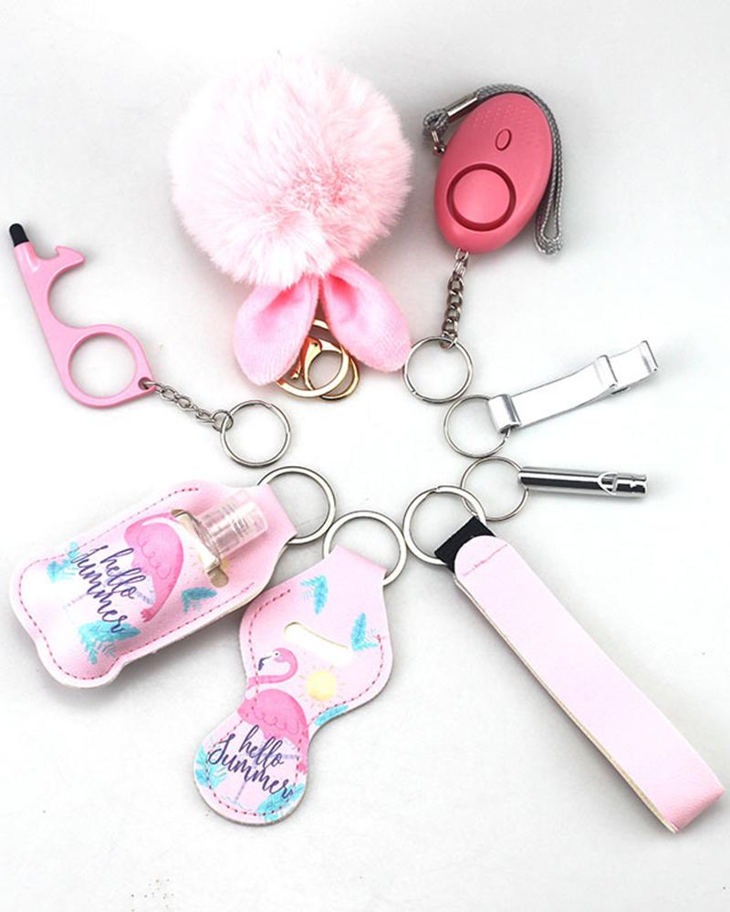 

9pcs Graphic Print Whistle Pom Pom Self Defensive Keychain Set, Style9