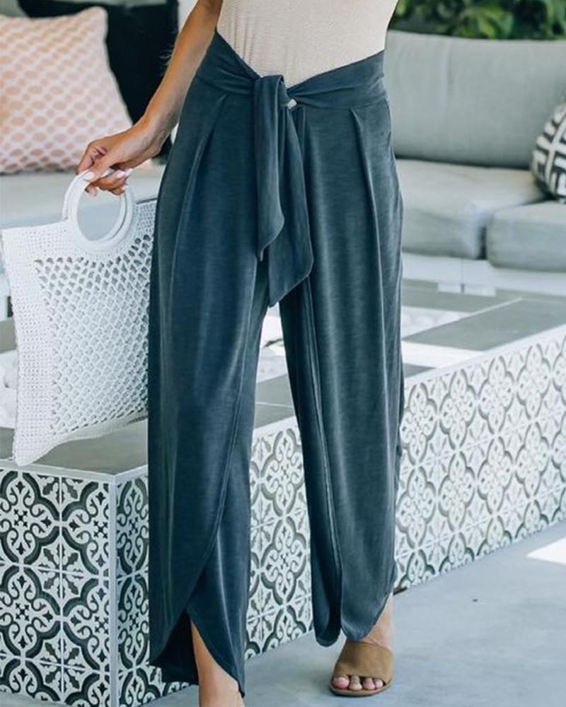 

Solid Color Tie Front Wide Leg Pants, Dark grey
