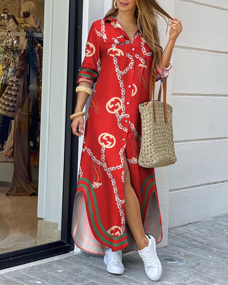 

Chain Print Slit Buttoned Shirt Dress, Red