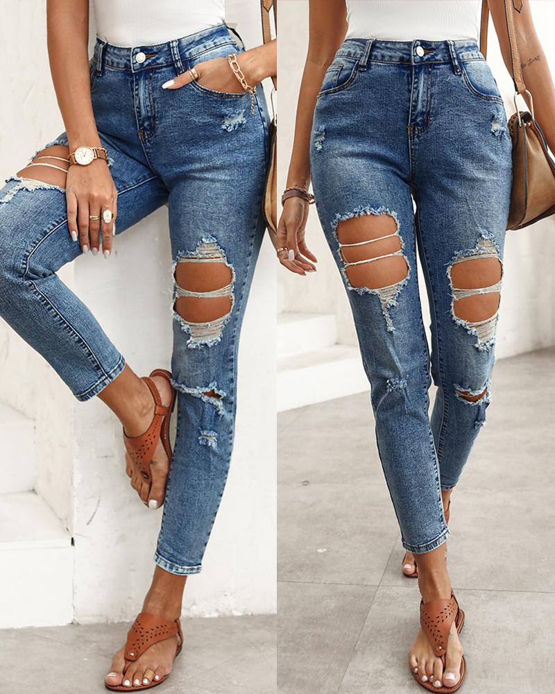 

Pocket Design Ripped Cutout Jeans, Blue