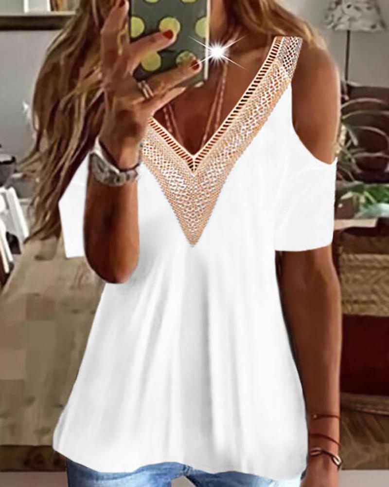 

Lace Trim Cold Shoulder Top, White