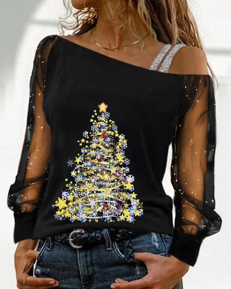 

Christmas Tree Print Contrast Mesh Cold Shoulder Top, Black