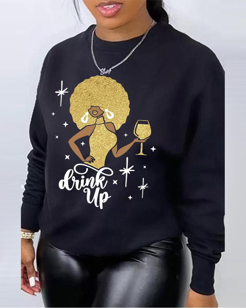 

Plus Size Figure Letter Print Long Sleeve Sweatshirt, Black