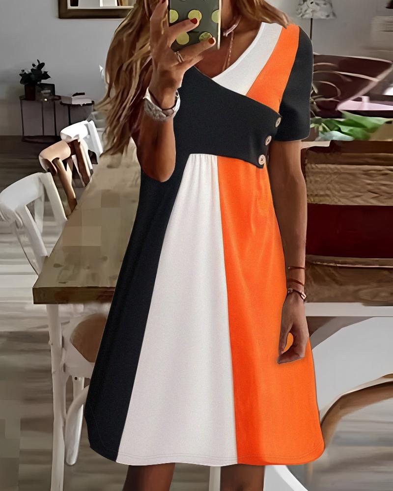 

Colorblock Buttoned V-Neck Casual Dress, Orange