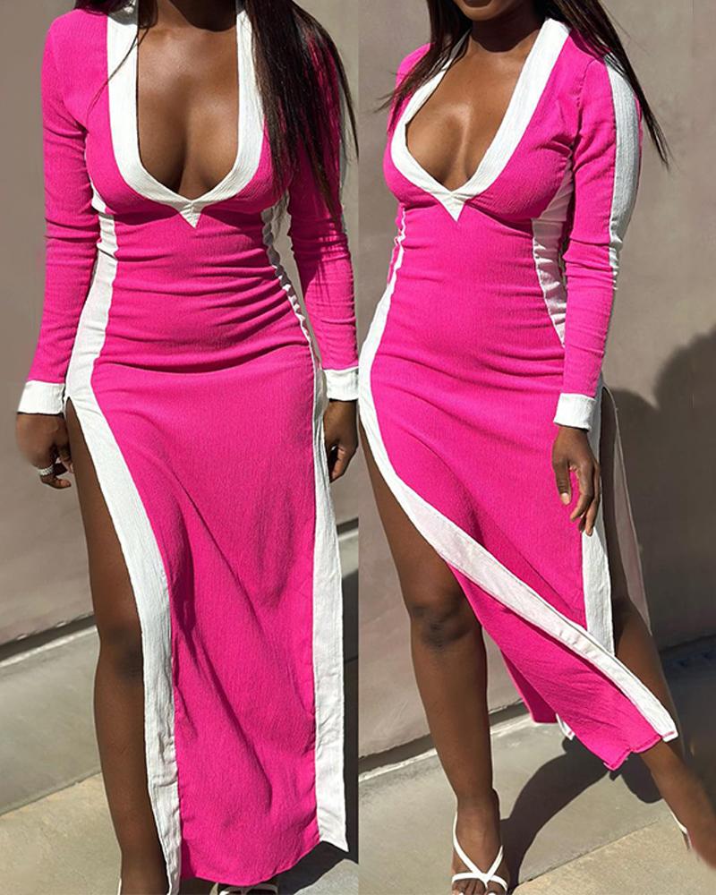 

Contrast Paneled Plunge Slit Maxi Dress, Pink