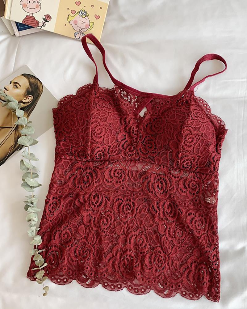 

Lace Solid Spaghetti Strap Top, Red