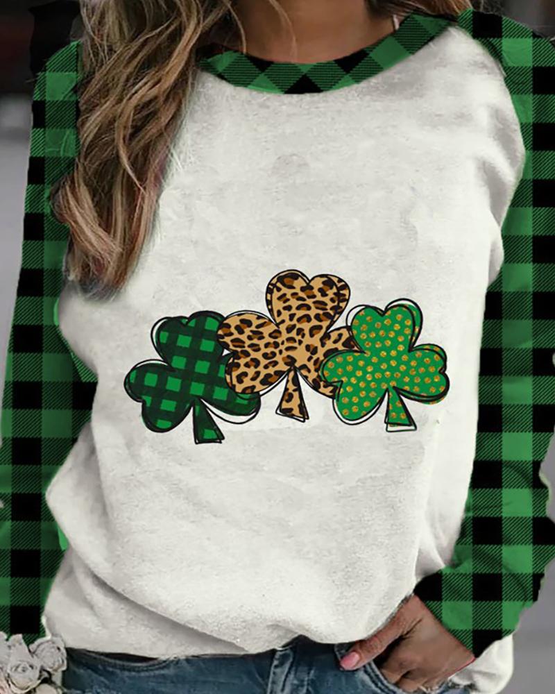 

Graphic Plaid Clover & Letter Print Long Sleeve Top, Style1