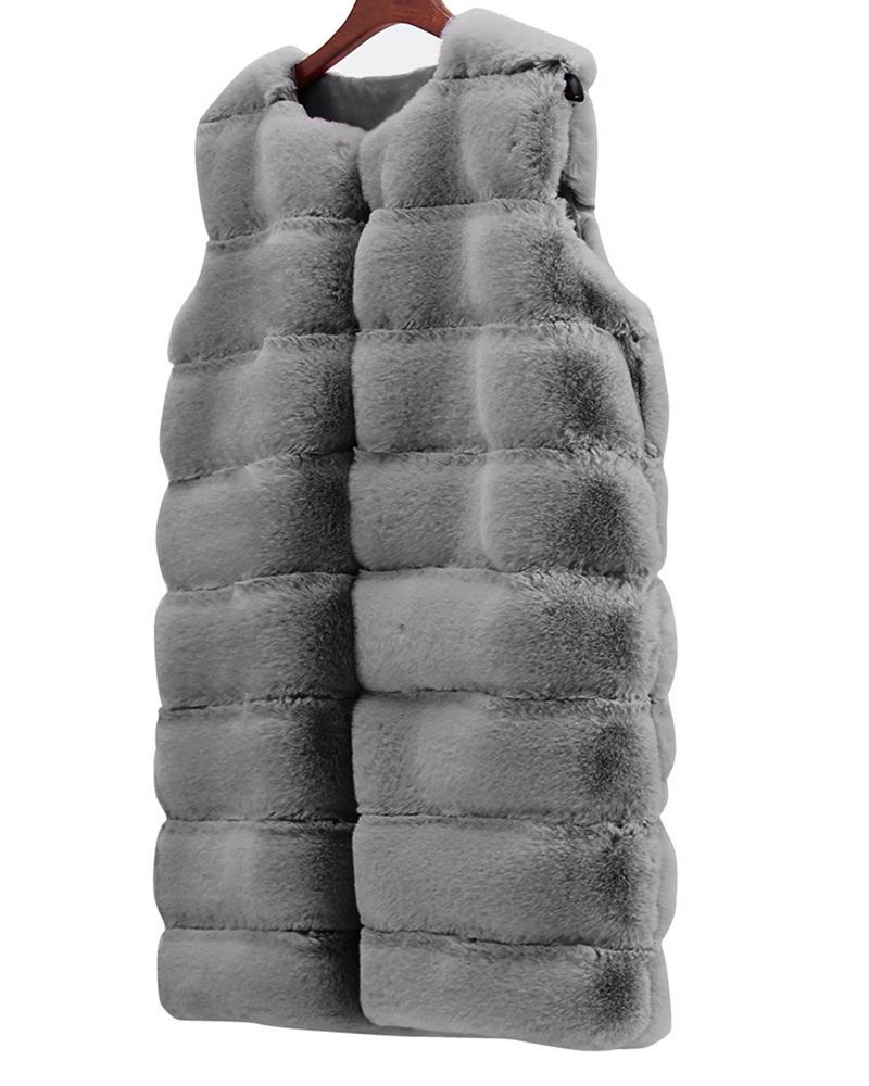 

Sleeveless Open Front Faux Fur Vest Coat, Gray