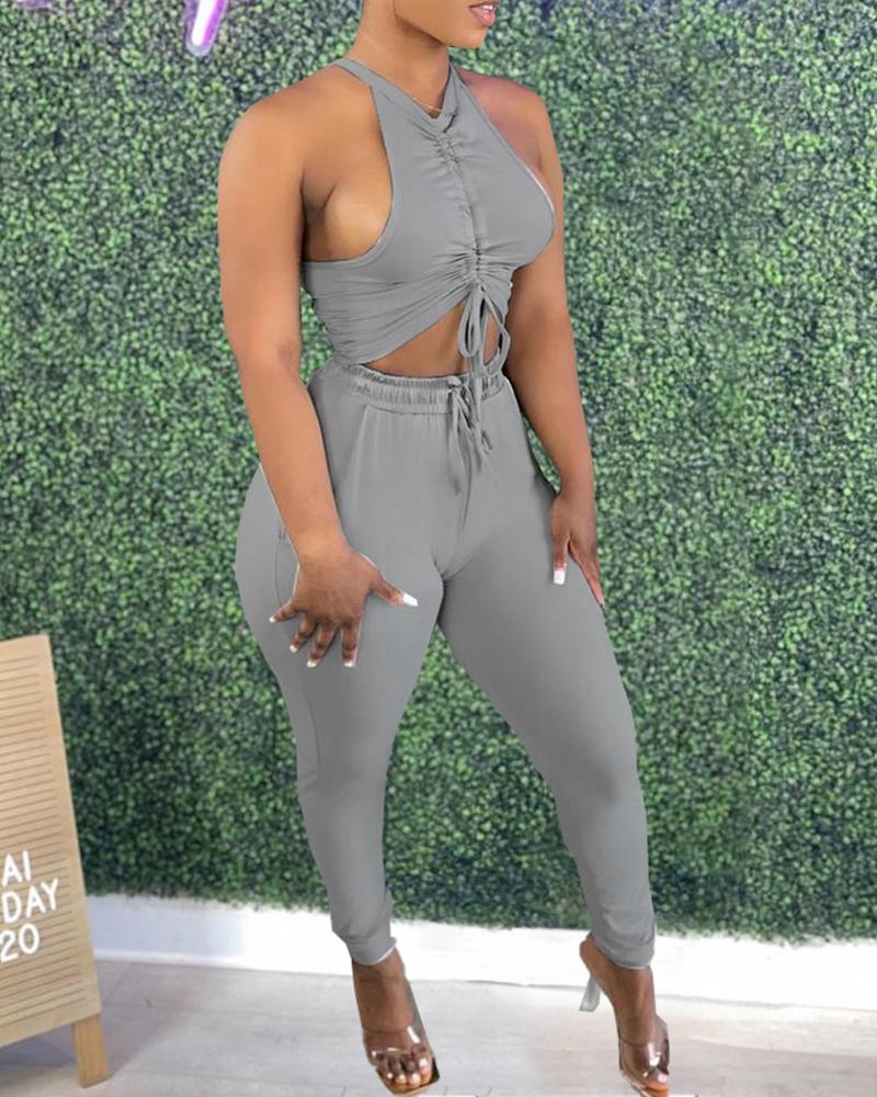 

Halter Drawstring Top & Pocket Design Pants Set, Gray