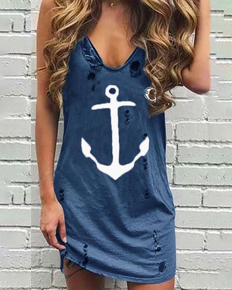 

Boat Anchor Print Hollow Out Casual Dress, Blue