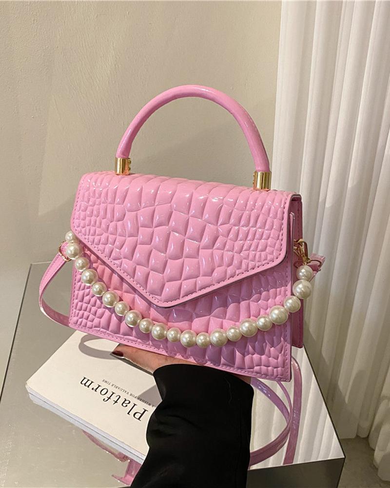 

Embossed Pearls Decor Flap Shoulder Bag With Handle, Pink
