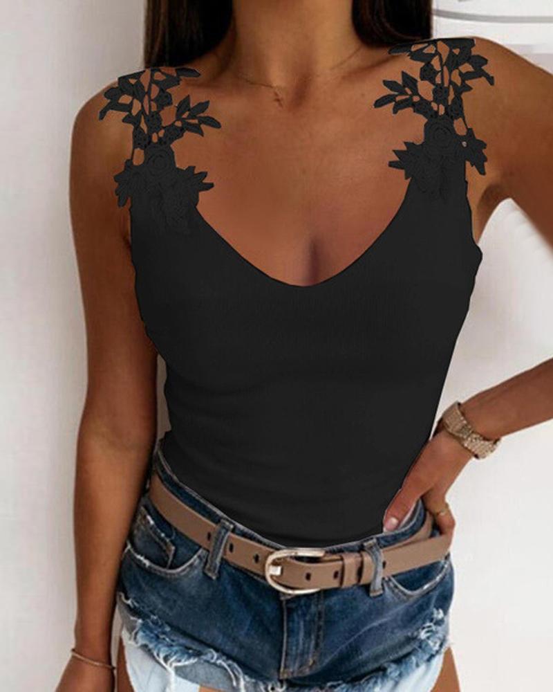 

Contrast Lace V-Neck Tank Top, Black