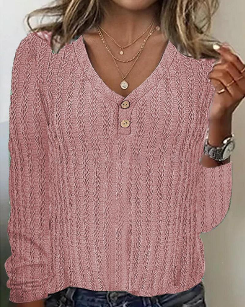 

V-Neck Buttoned Cable Textured Top, Pink