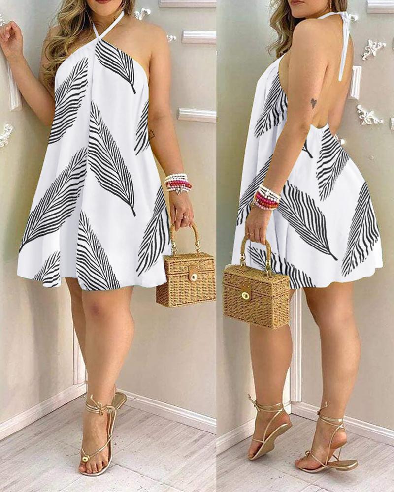 

Halter Backless Plam Tree Print Dress, White