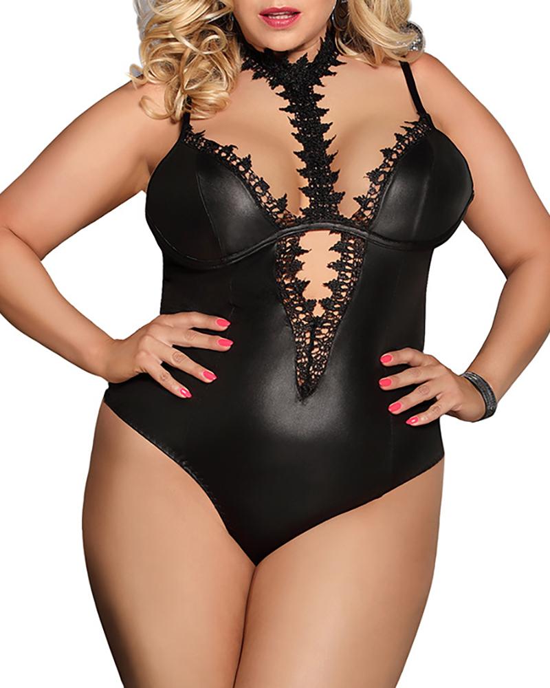 

Lace Trim PU Leather Cutout Teddy, Black