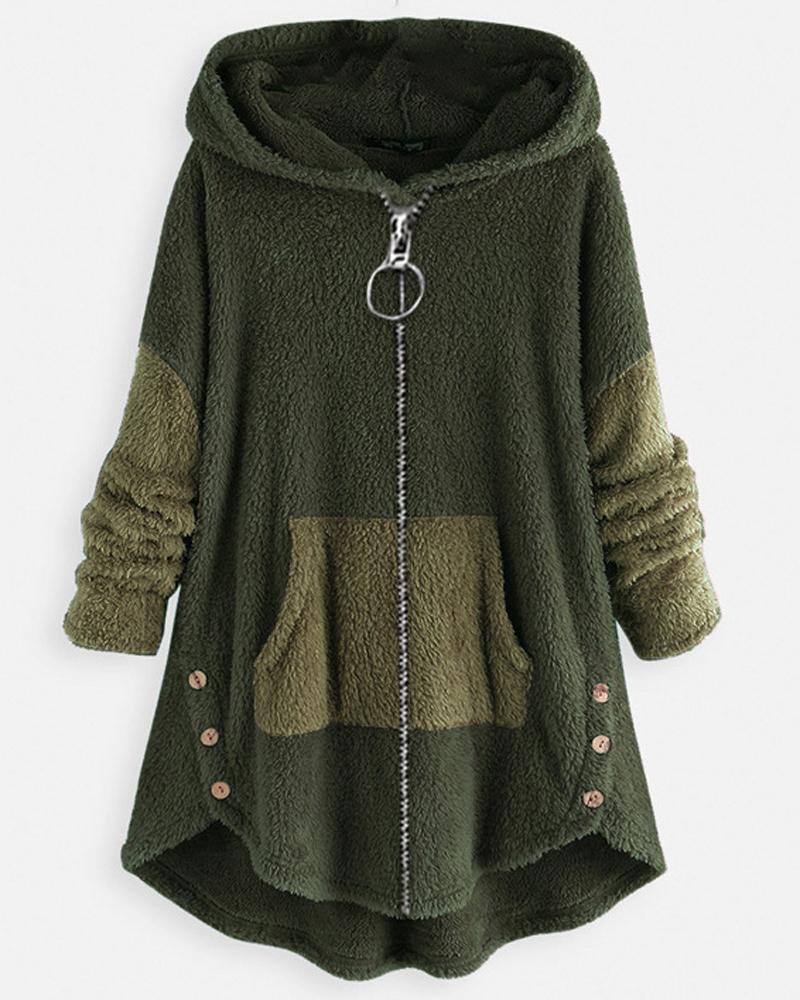 

Patchwork Long Sleeve Hooded Zip Up Teddy Coat, Green