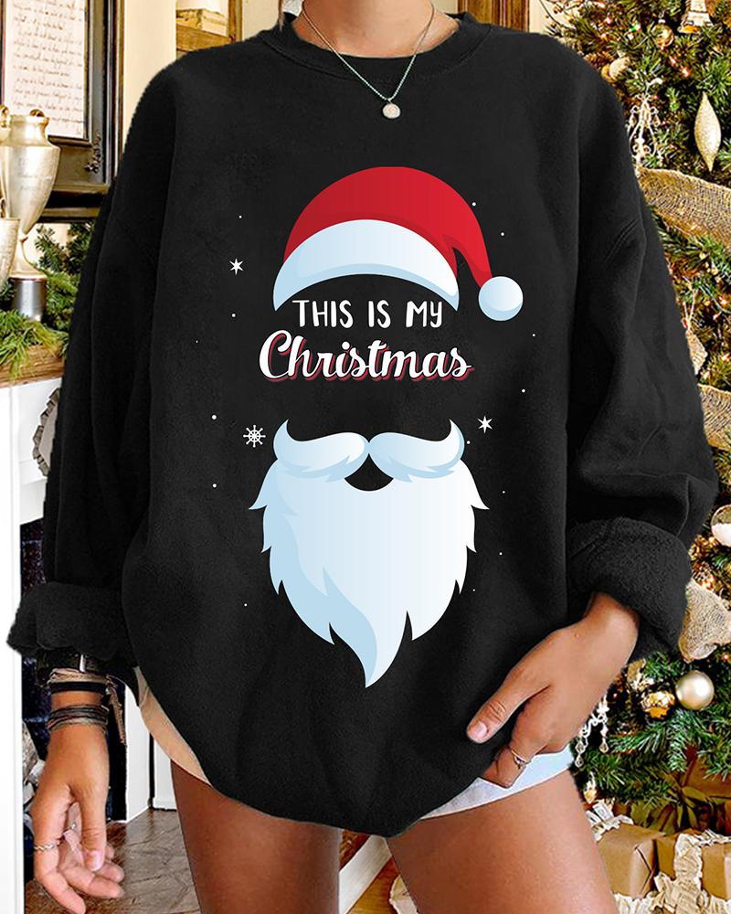 

Christmas Santa Pattern Letter Print Long Sleeve Sweatshirt, Black