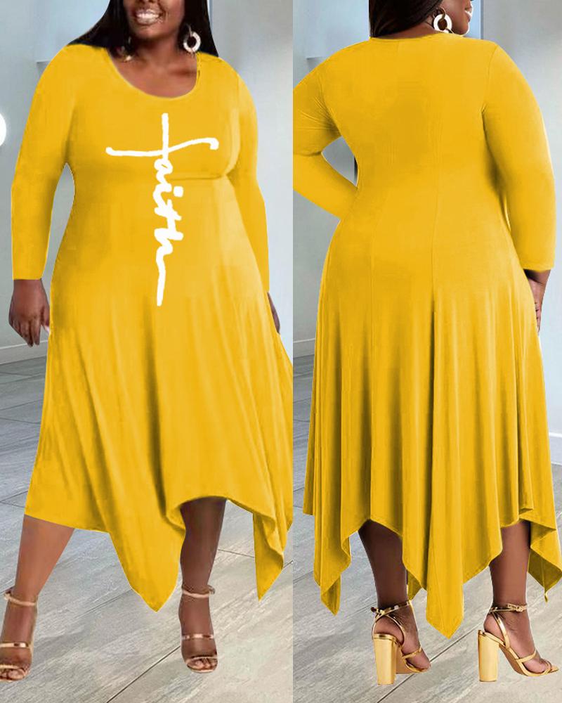 

Plus Size Letter Print Asymmetrical Hem Casual Dress, Yellow