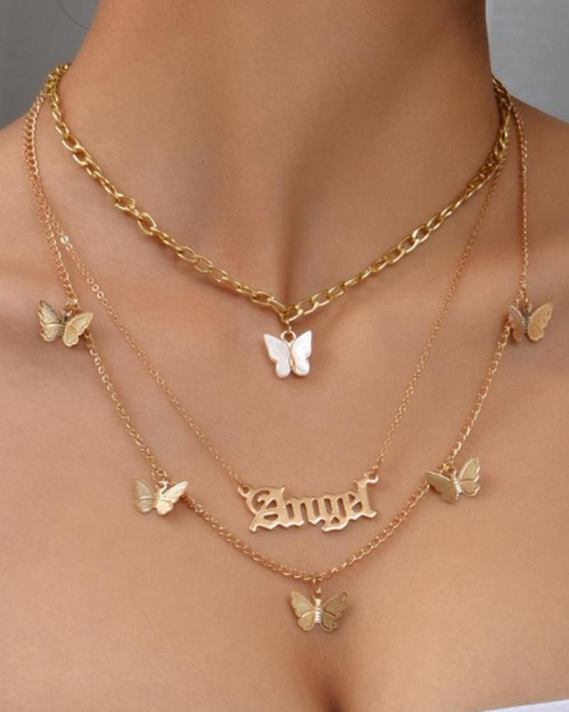 

3PCS/Set Butterfly Angel Letter Pendant Necklaces, White