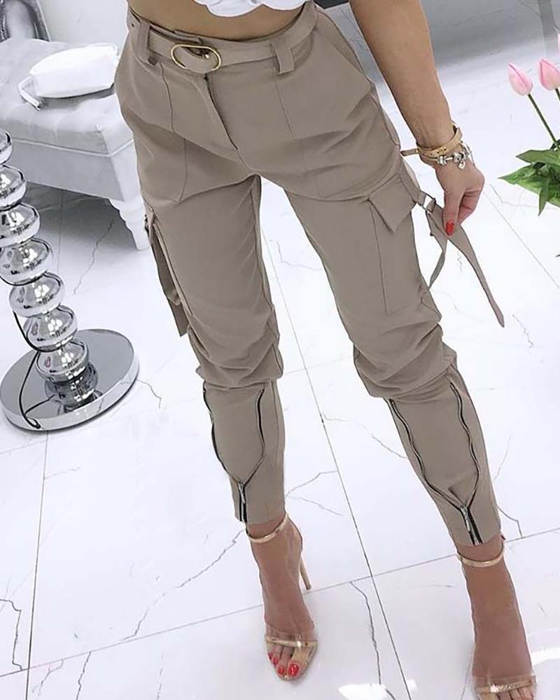 

Pocket Zipper Design Tied Cuff Cargo Pants, Khaki