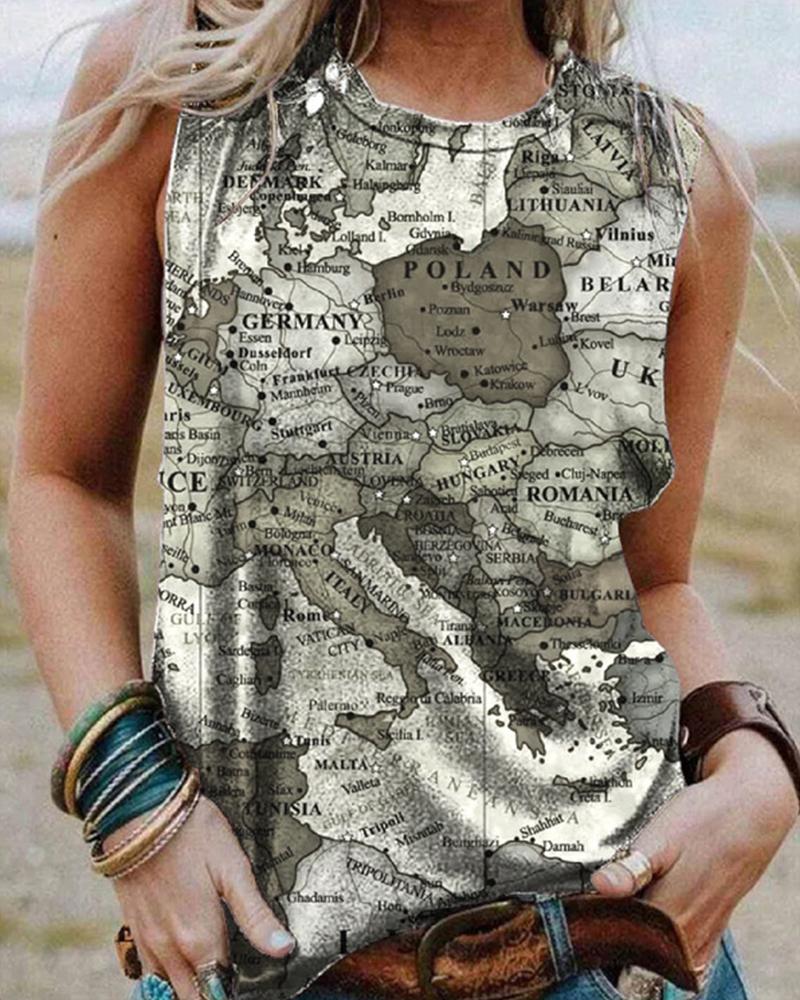 

Sleeveless Map Print Casual Tank Top, Gray