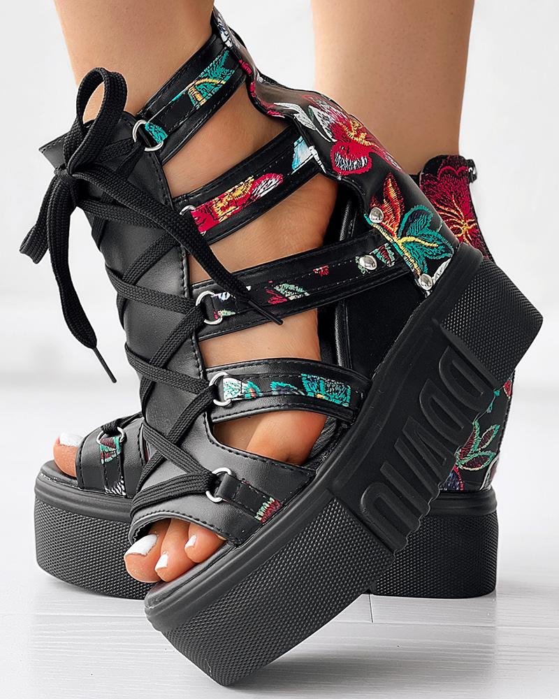 

Floral Pattern Lace-up Platform Wedge Sandals, Black