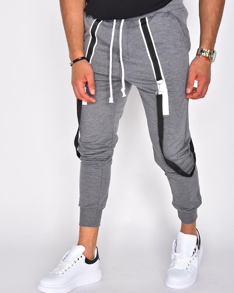 

Solid Color Splicing Straps Jogger Pants, Gray