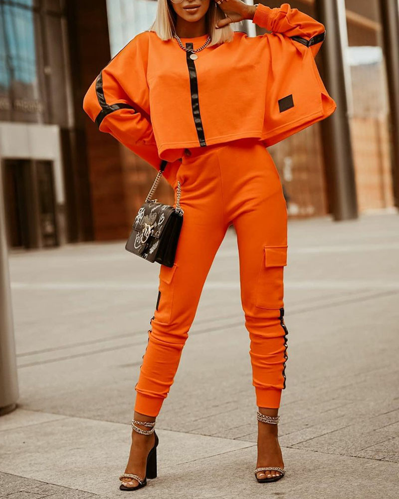 

Tape Patch Long Sleeve Casual Top & Flap Detail Pants Set, Orange