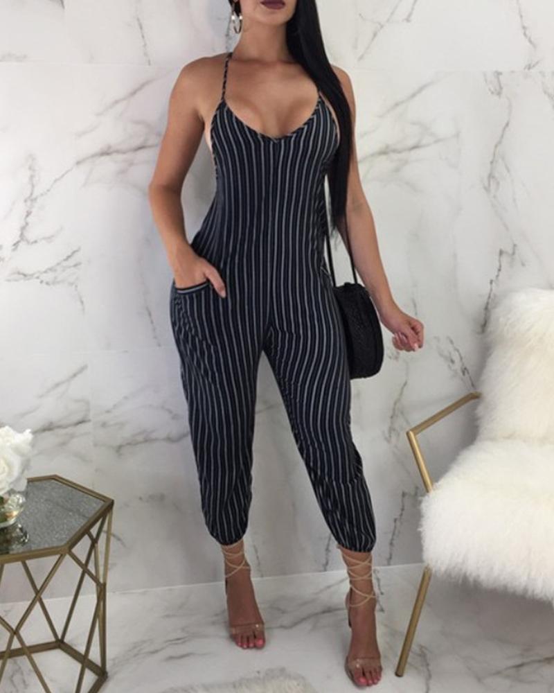 

Striped Camisole Sleeveless Jumpsuit, Black