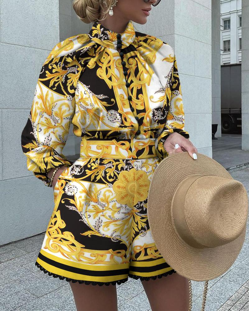 

Scarf Print Button Front Long Sleeve Top & Shorts Set, Yellow