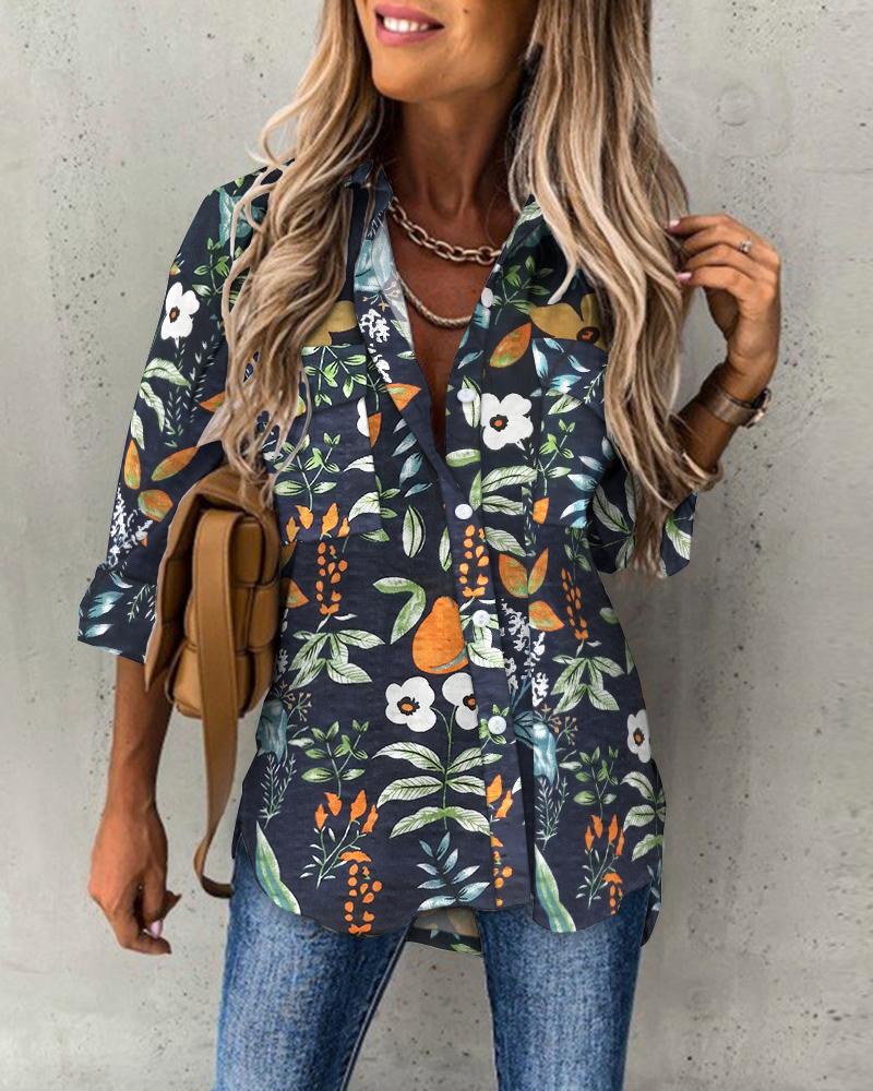 

Plants Print Pocket Detail Button Down Shirt, Dark blue