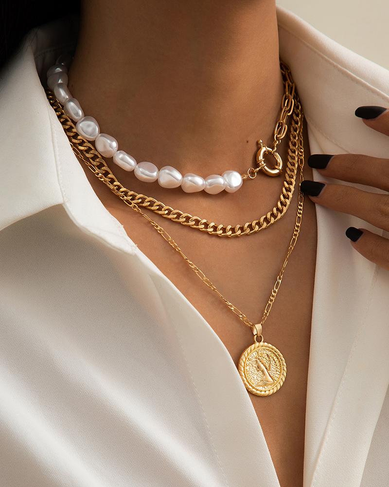 

Coin Decor Beaded Pendant Layered Necklace, Gold