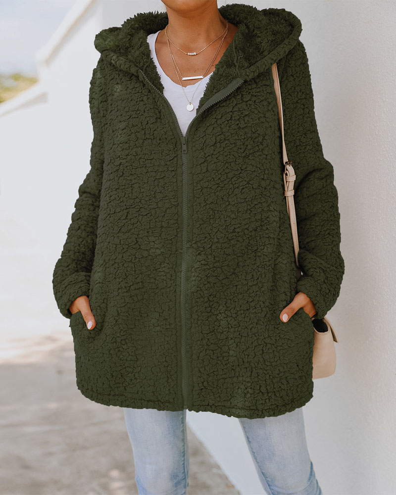 

Long Sleeve Zip Up Hooded Teddy Coat, Army green