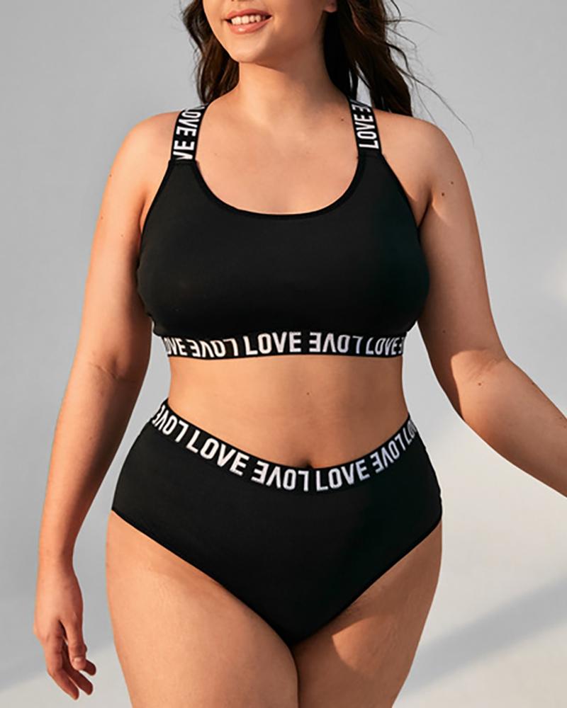 

Plus Size Love Letter Pattern U-Neck Lingerie Set, Black