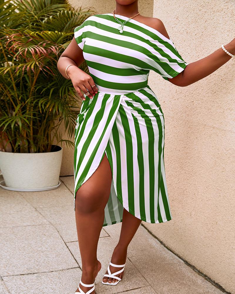 

Plus Size Cold Shoulder Striped Print Ruched Casual Dress, Green